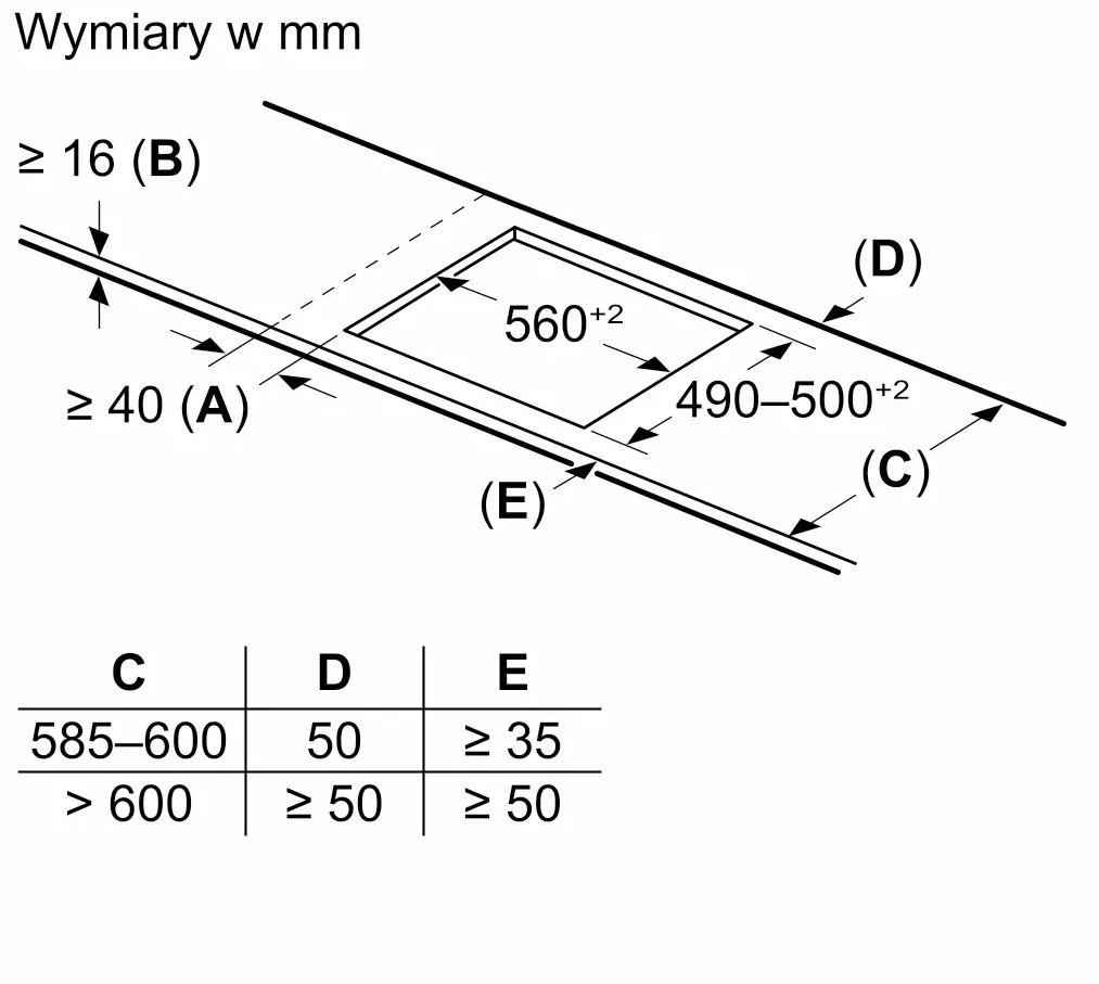 Rysunek instalacyjny z wymiarami jednostki płyty grzejnej. Wymiary w mm.