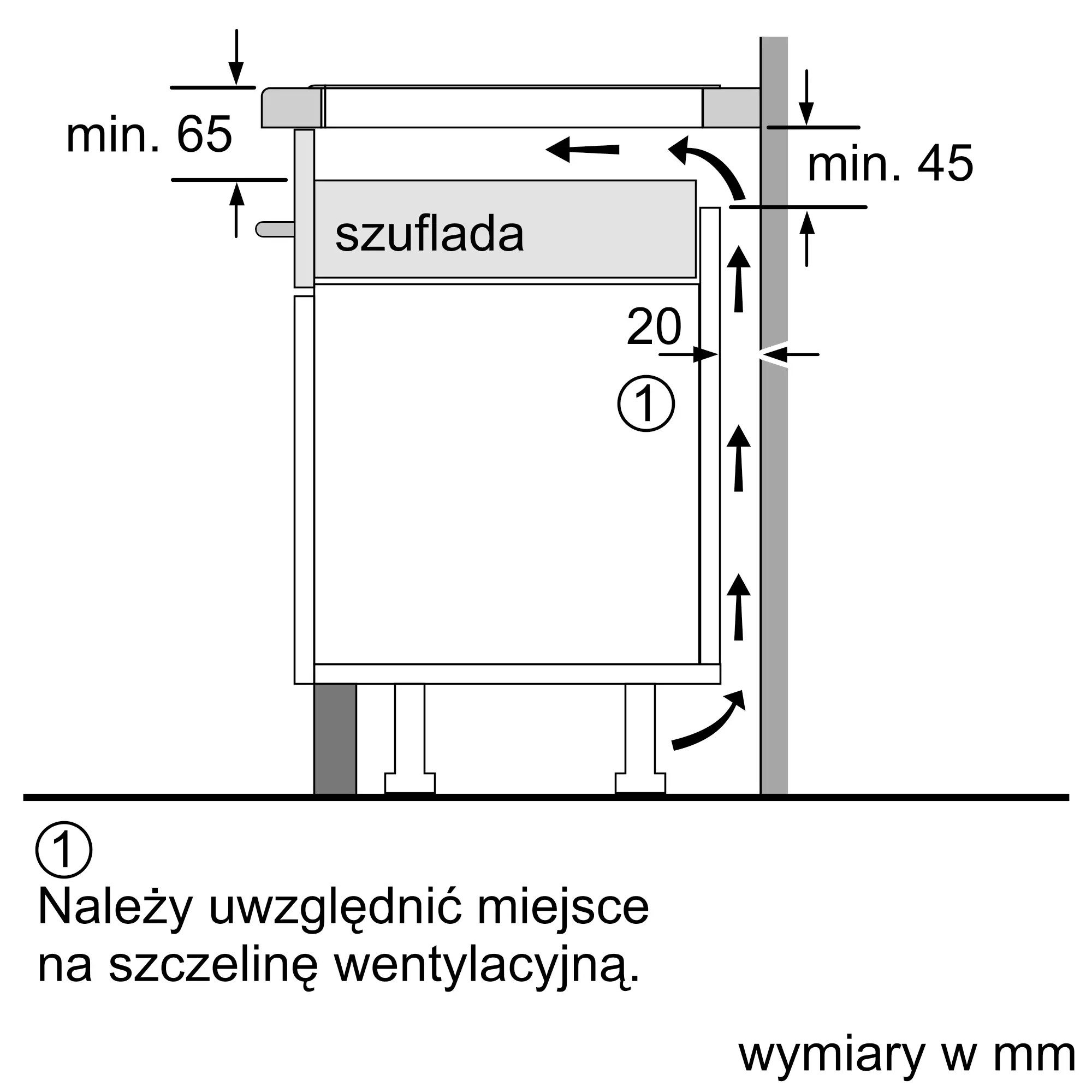 Diagram przedstawiający wymiary i strzałki do montażu szafki z szufladą.
