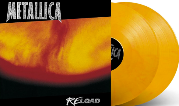 Metallica Reload Doppelvinyl. Gelbe Schallplatten mit schwarzem Label.