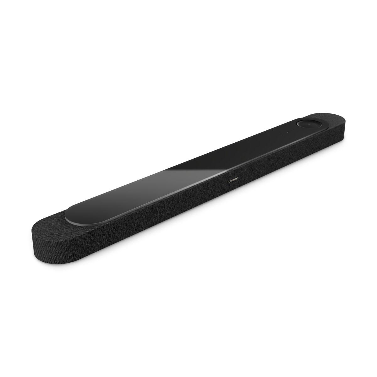 Schwarzer Bose Soundbar mit glänzender Oberfläche und Stoffbezug.