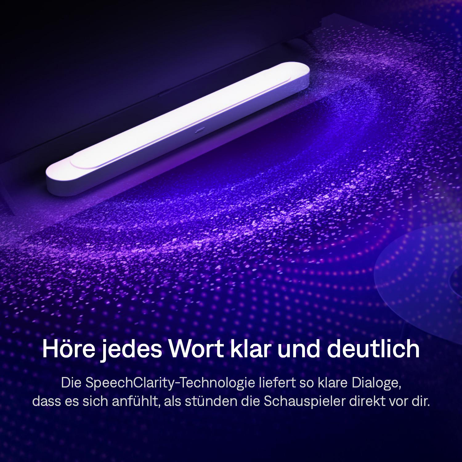 Ein weißer Balken leuchtet auf einem dunklen Hintergrund mit violetten Lichteffekten.