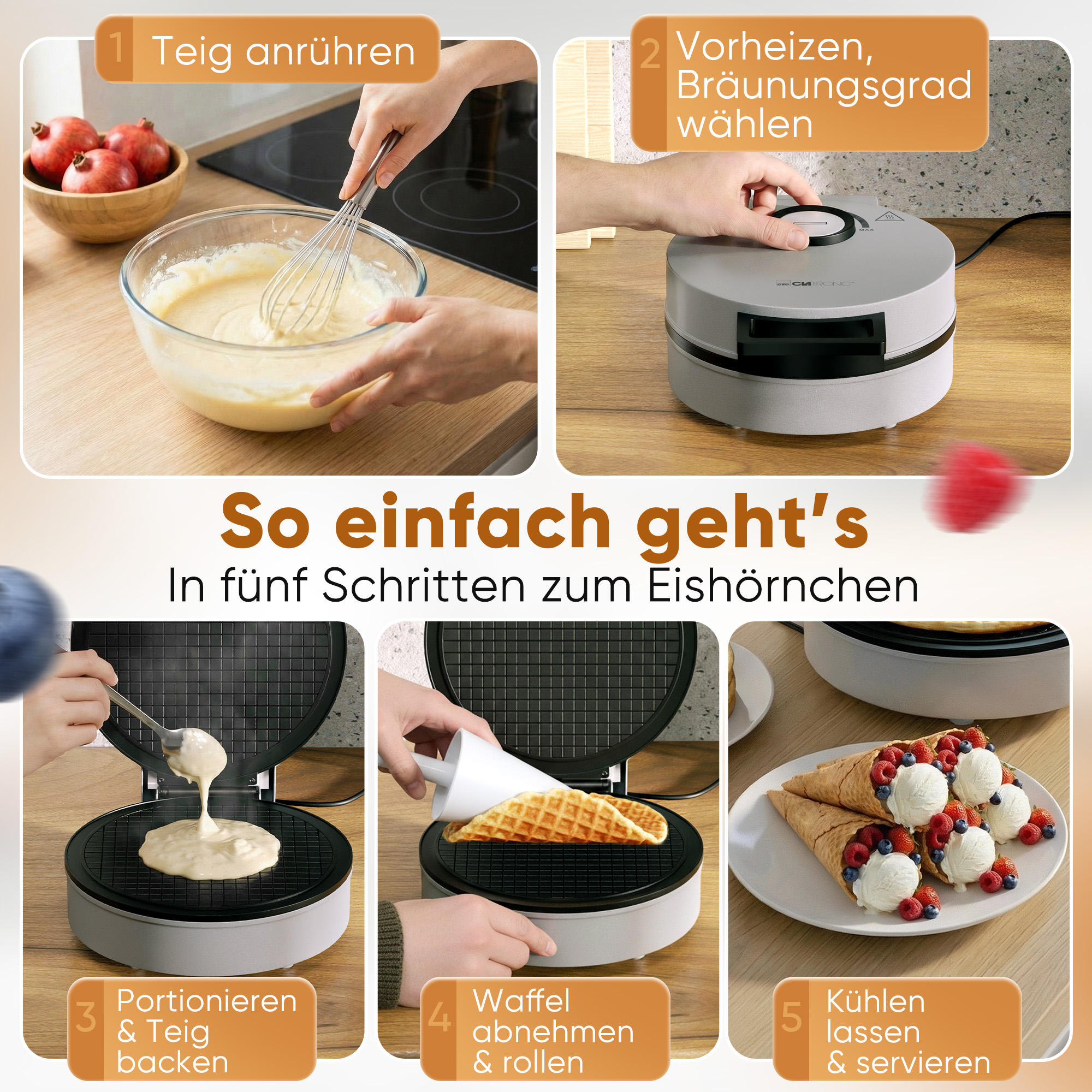 Fünf Schritte zur Zubereitung von Eishörnchen: Teig anrühren, Gerät vorheizen, Teig portionieren, Waffel backen und rollen, servieren.
