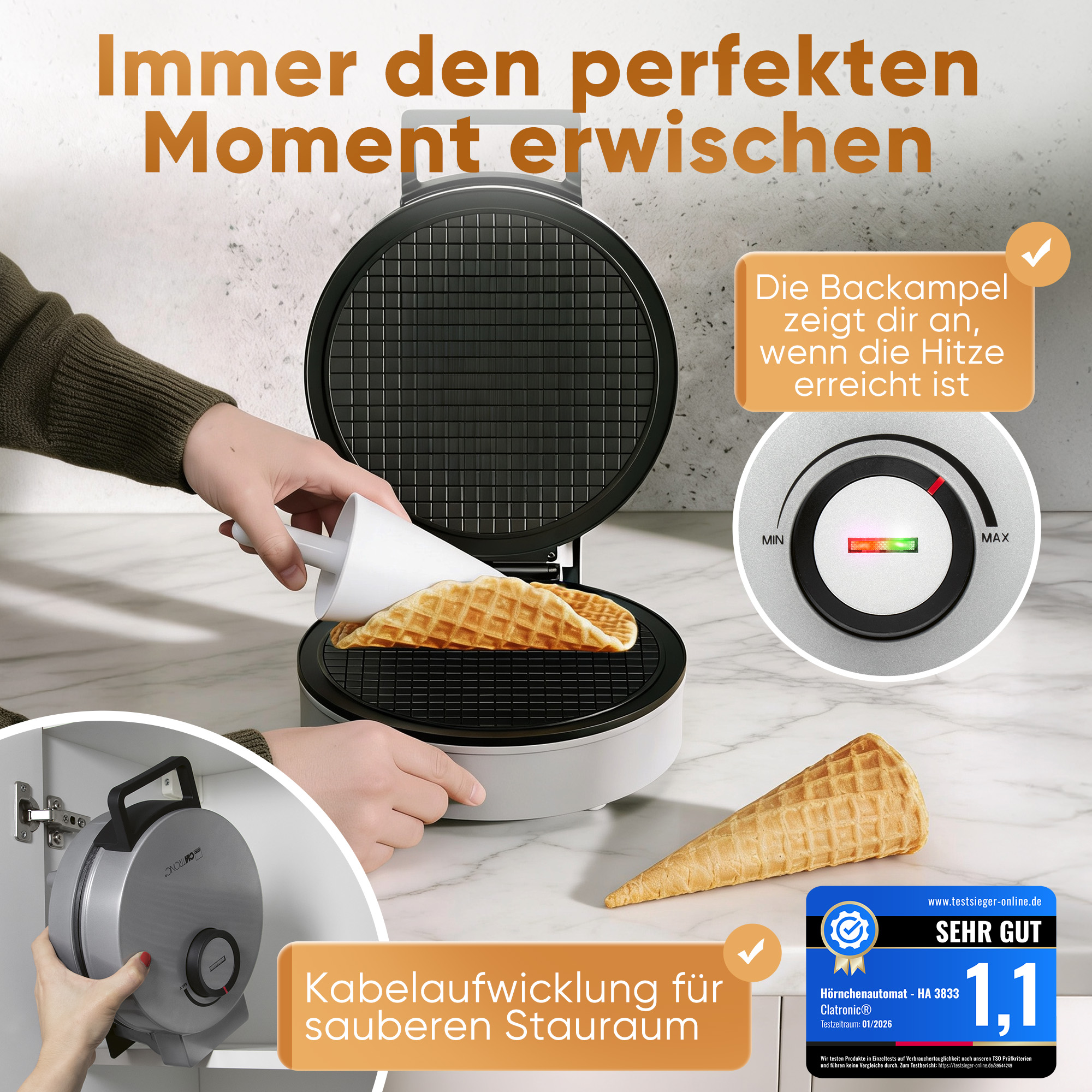Ein Mann macht einen Waffel. Ein Waffeleisen und ein Eiswaffel sind zu sehen.