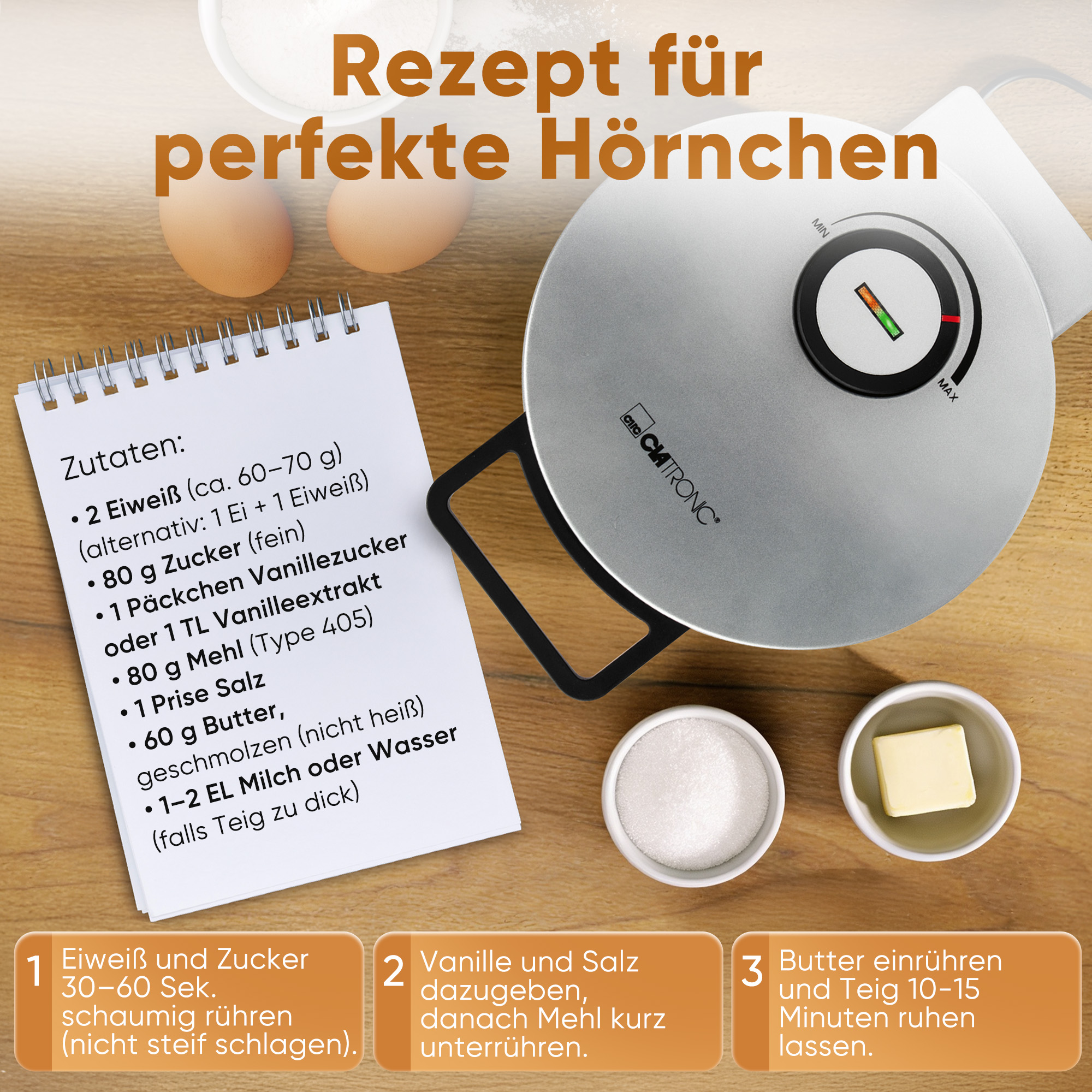 Rezept für Hörnchen mit Zutatenliste, Eiern, Zucker, Butter und einer Waffelform.