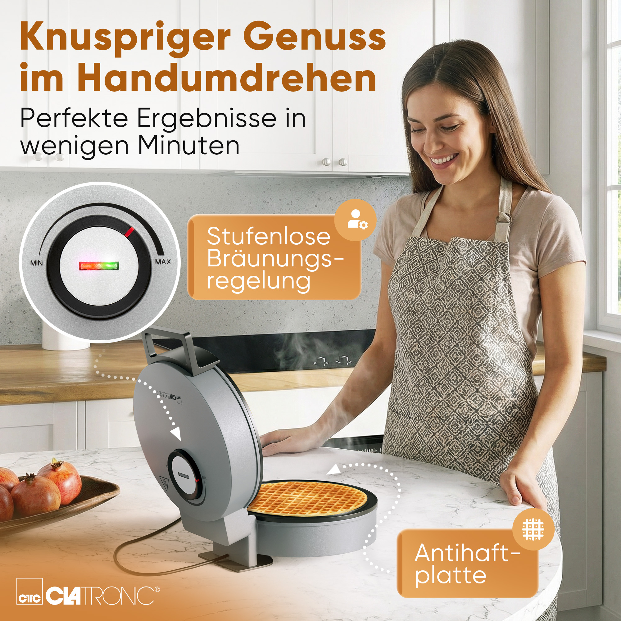 Eine Frau lächelt, während sie einen Waffelmaker benutzt. Ein Regler zeigt die Bräunungsstufe an.