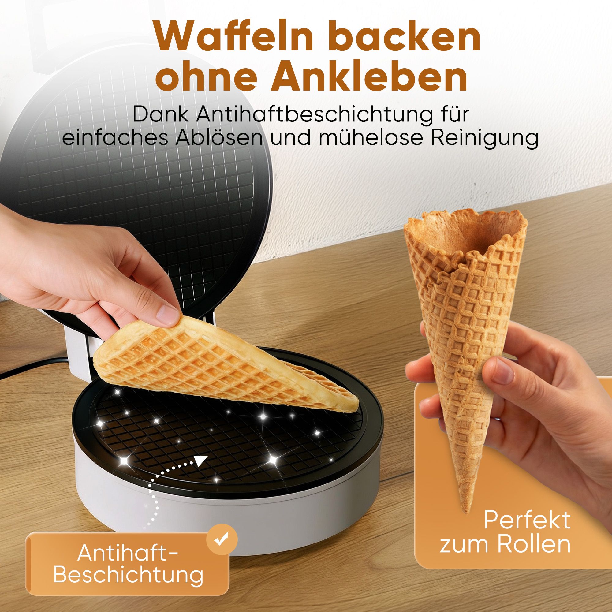 Eine Hand legt eine Waffel in eine offene Waffelform. Daneben eine fertige Waffel.