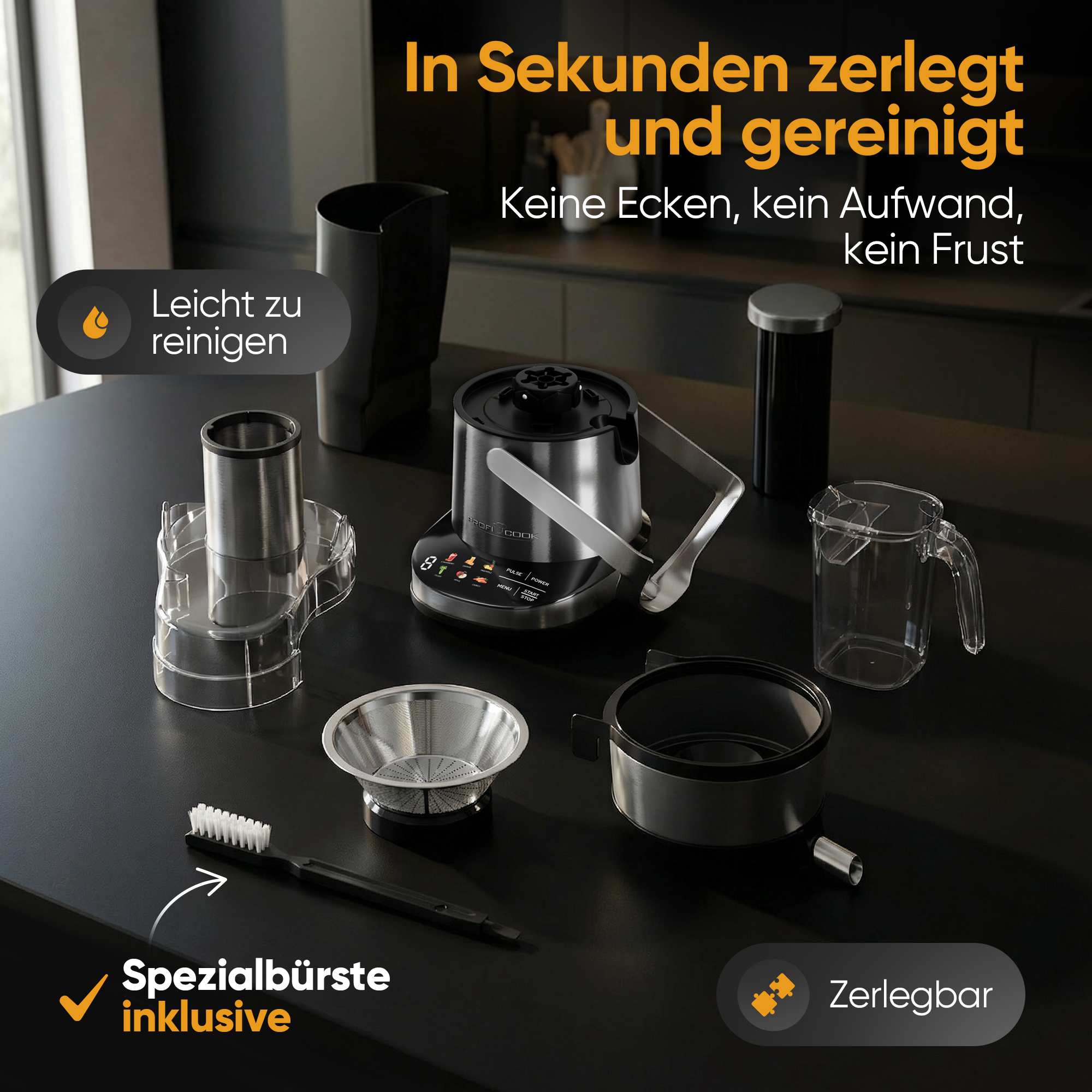 Küchengerät mit Zubehör, leicht zu reinigen und zerlegbar.