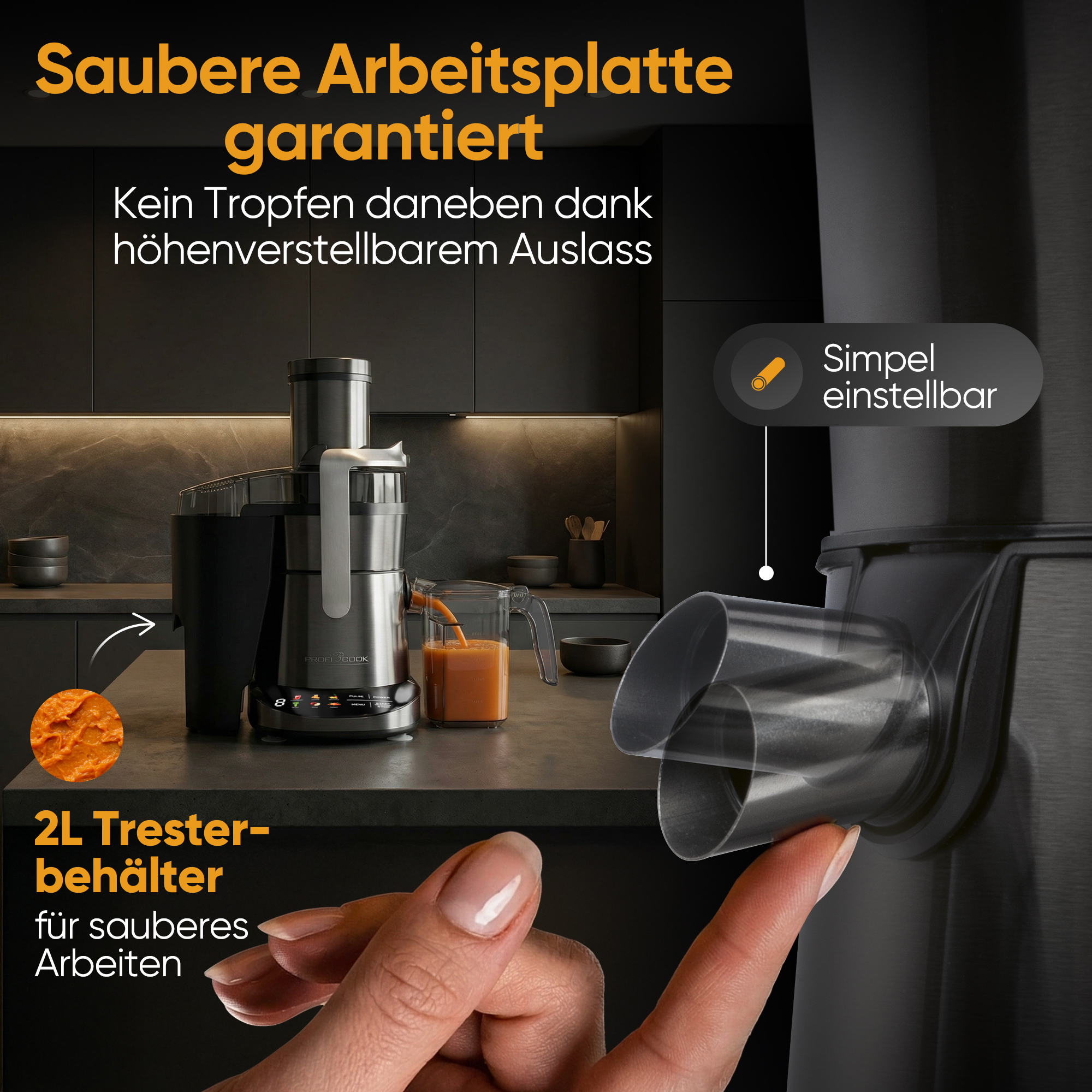 Ein Entsafter mit 2L Tresterbehälter und höhenverstellbarem Auslass.