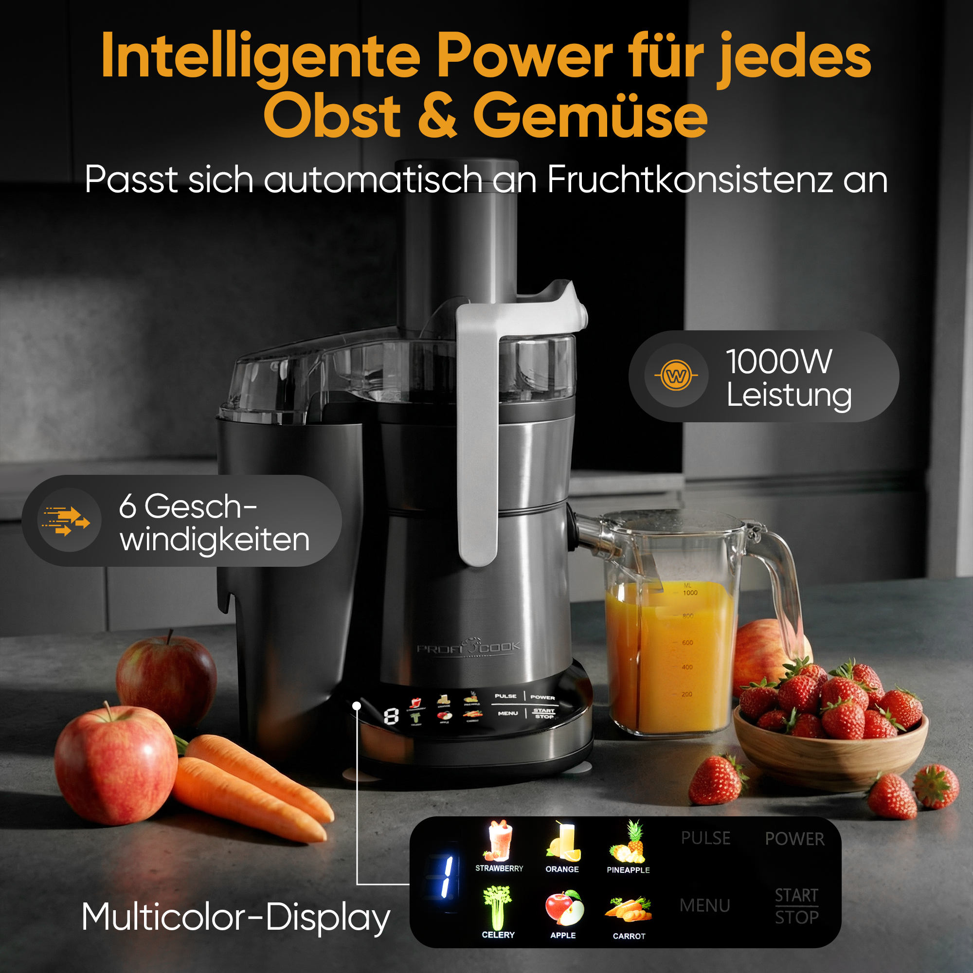 Ein Entsafter mit 1000W Leistung, 6 Geschwindigkeiten, Multicolor-Display und Obst.