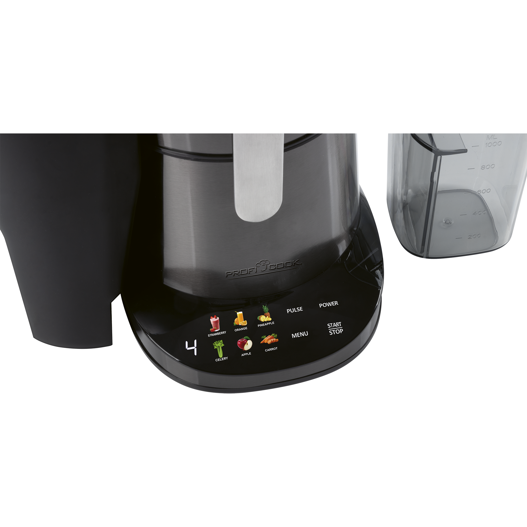 Ein schwarzer Standmixer mit Touchscreen-Bedienfeld und Fruchtsymbolen.