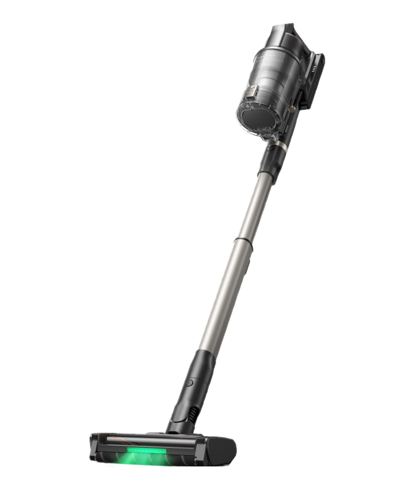 Ein schlanker, kabelloser Staubsauger mit silbernem Rohr und schwarzem Griff.