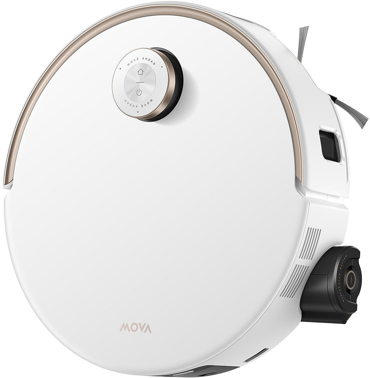 Un robot aspirapolvere bianco con accenti argentati e spazzole rotanti.