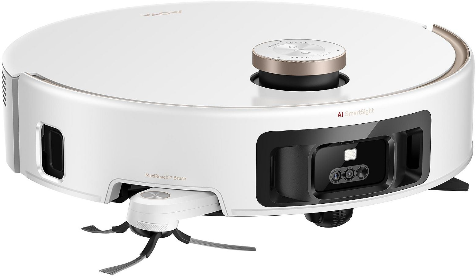 Un robot aspirapolvere bianco con telecamera e spazzole.