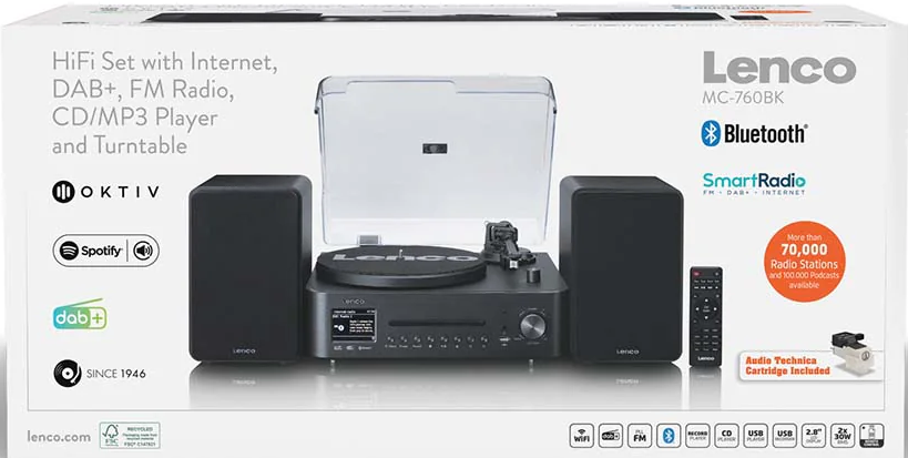Lenco HiFi-Set mit Plattenspieler, Lautsprechern, Fernbedienung und CD-Player.