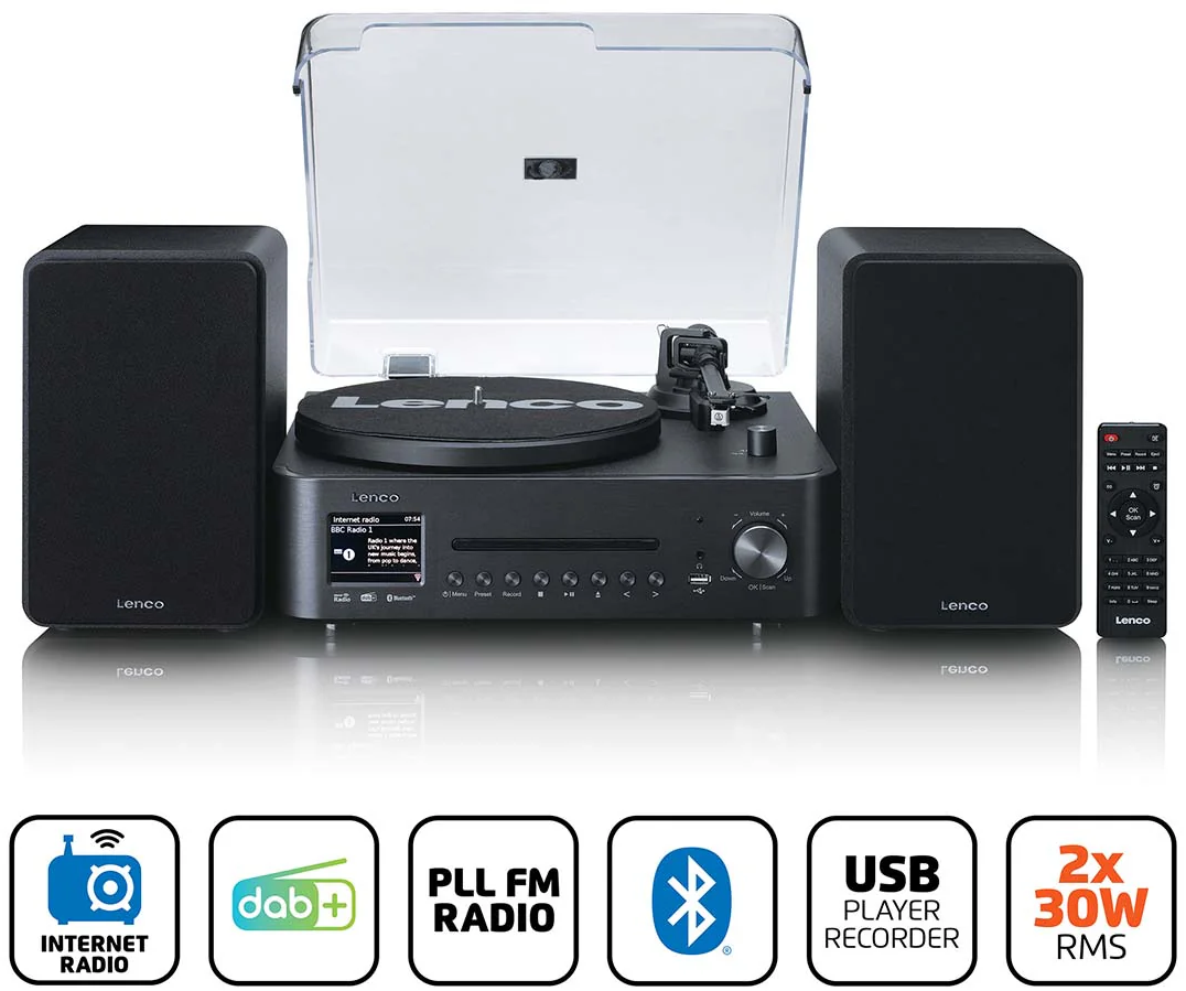 Ein schwarzer Lenco Plattenspieler mit Lautsprechern und Fernbedienung. Icons für Internetradio, DAB+, UKW, Bluetooth, USB, 2x30W RMS.