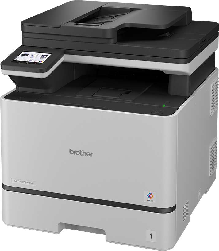 Ein Brother MFC-L8730CDW Farblaser-Multifunktionsdrucker mit Touchscreen und Papierfach.