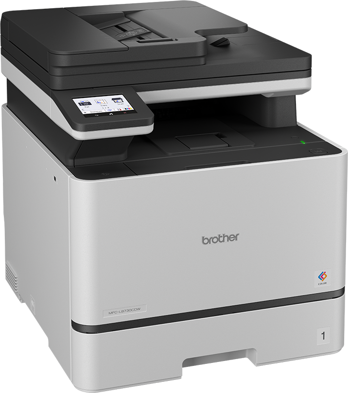 Ein weiß-schwarzer Brother MFC-L8730CDW Farblaser-Multifunktionsdrucker mit Touchscreen.
