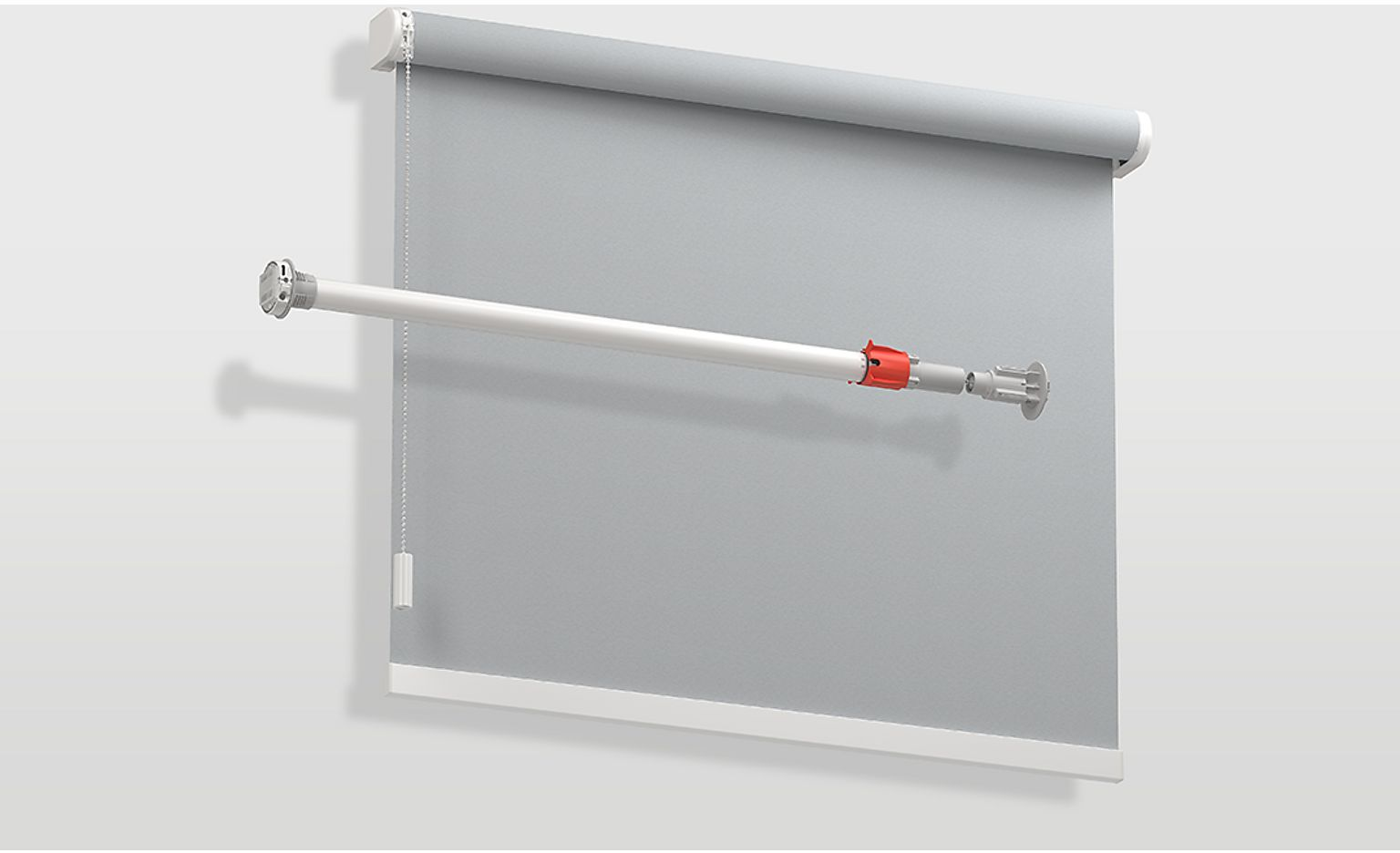 Graue Rollo mit weißem Stab und Schnur, an einer Wand montiert.