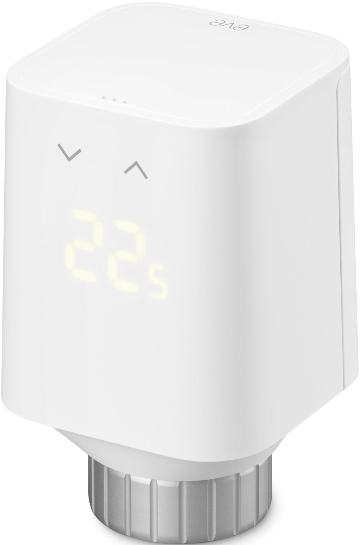 Ein weißer Thermostat mit digitaler Anzeige von 22 Grad und Pfeiltasten.