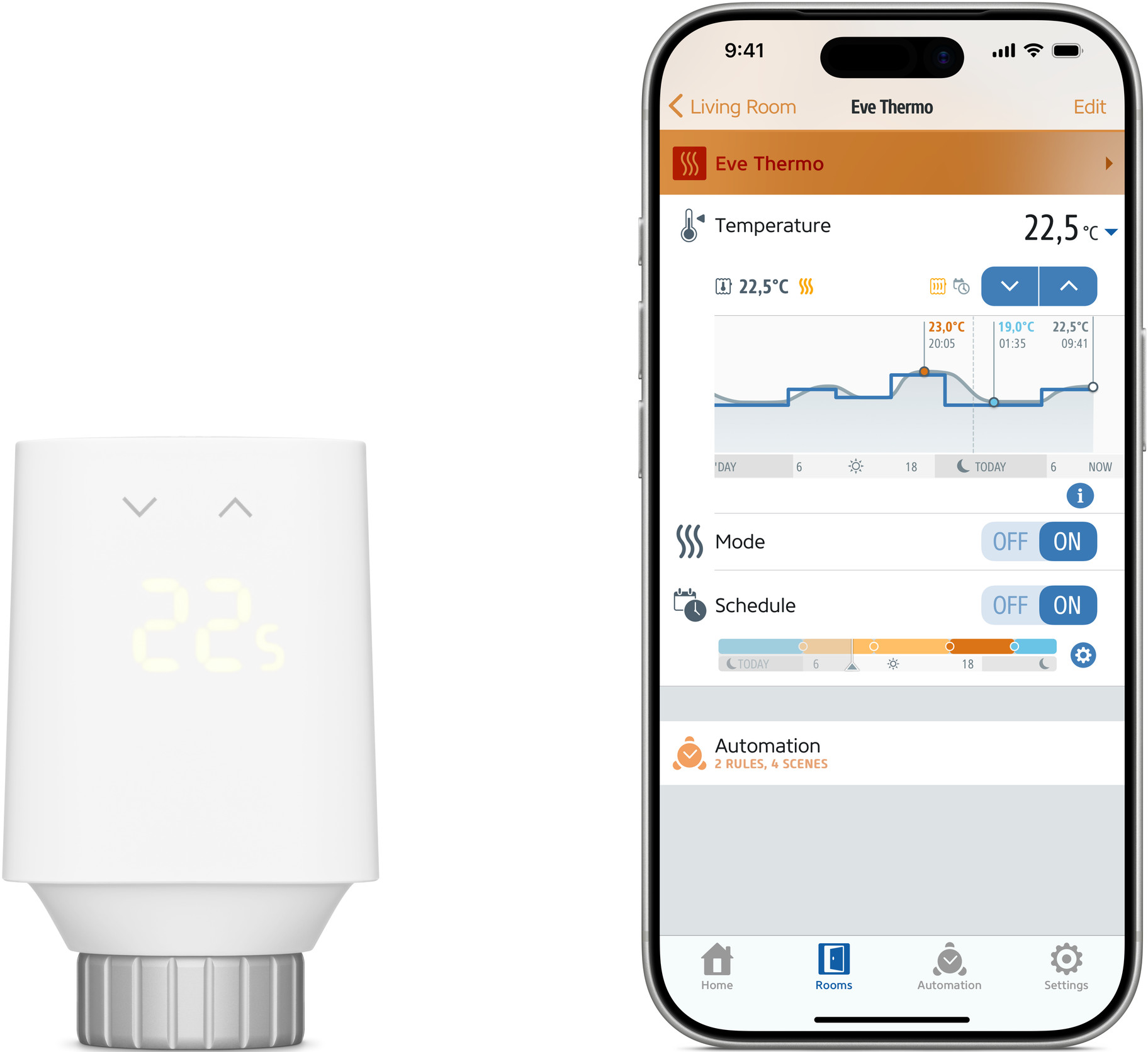 Ein weißes Thermostat zeigt 22°C an, daneben ein Smartphone mit der Eve Thermo App.