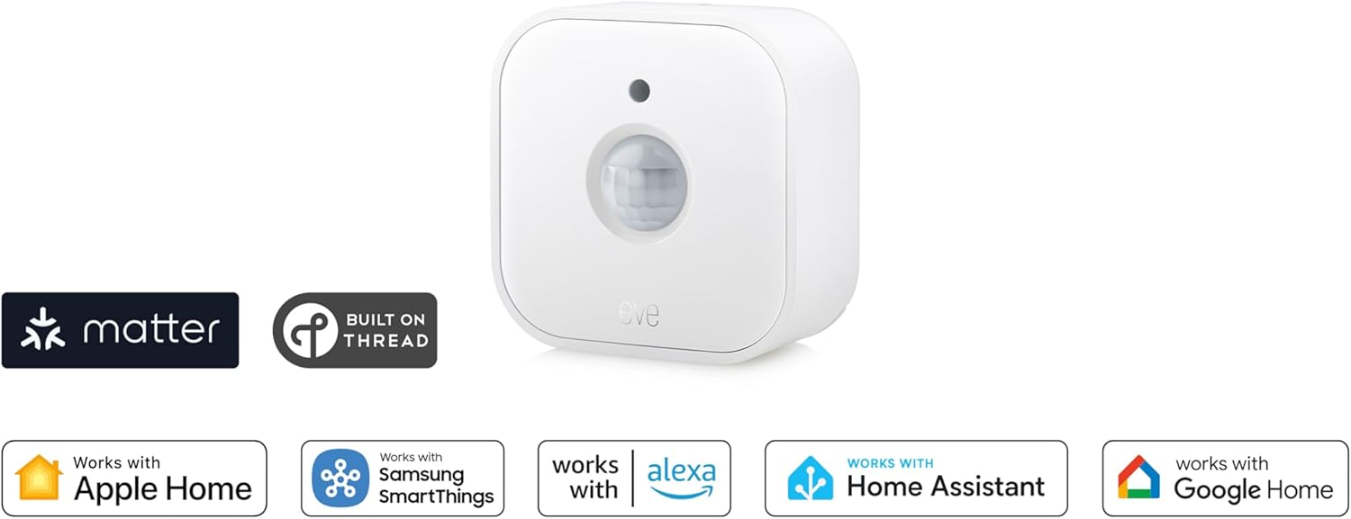 Weißer Bewegungsmelder mit Matter- und Thread-Logo, kompatibel mit Apple, Samsung, Alexa, Home Assistant, Google Home.