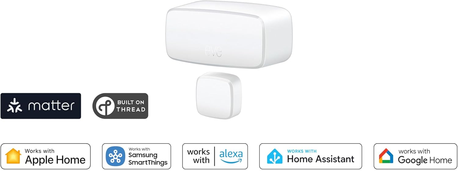 Weiße Eve-Geräte mit Matter- und Thread-Logos, kompatibel mit Apple, Samsung, Alexa, Google.