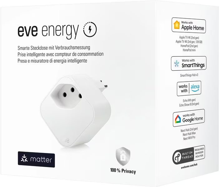 Weiße Eve Energy Steckdose mit Mehrfachstecker und Logos für Apple Home, SmartThings, Alexa und Google Home.