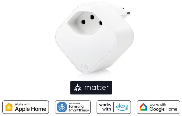Weißer Eve Smart Plug mit Matter, Apple Home, Samsung SmartThings, Alexa, Google Home Logos.