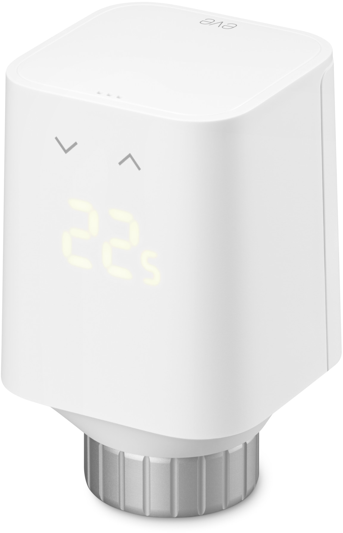 Ein weißer Thermostat mit silbernem Drehknopf, zeigt 22s.