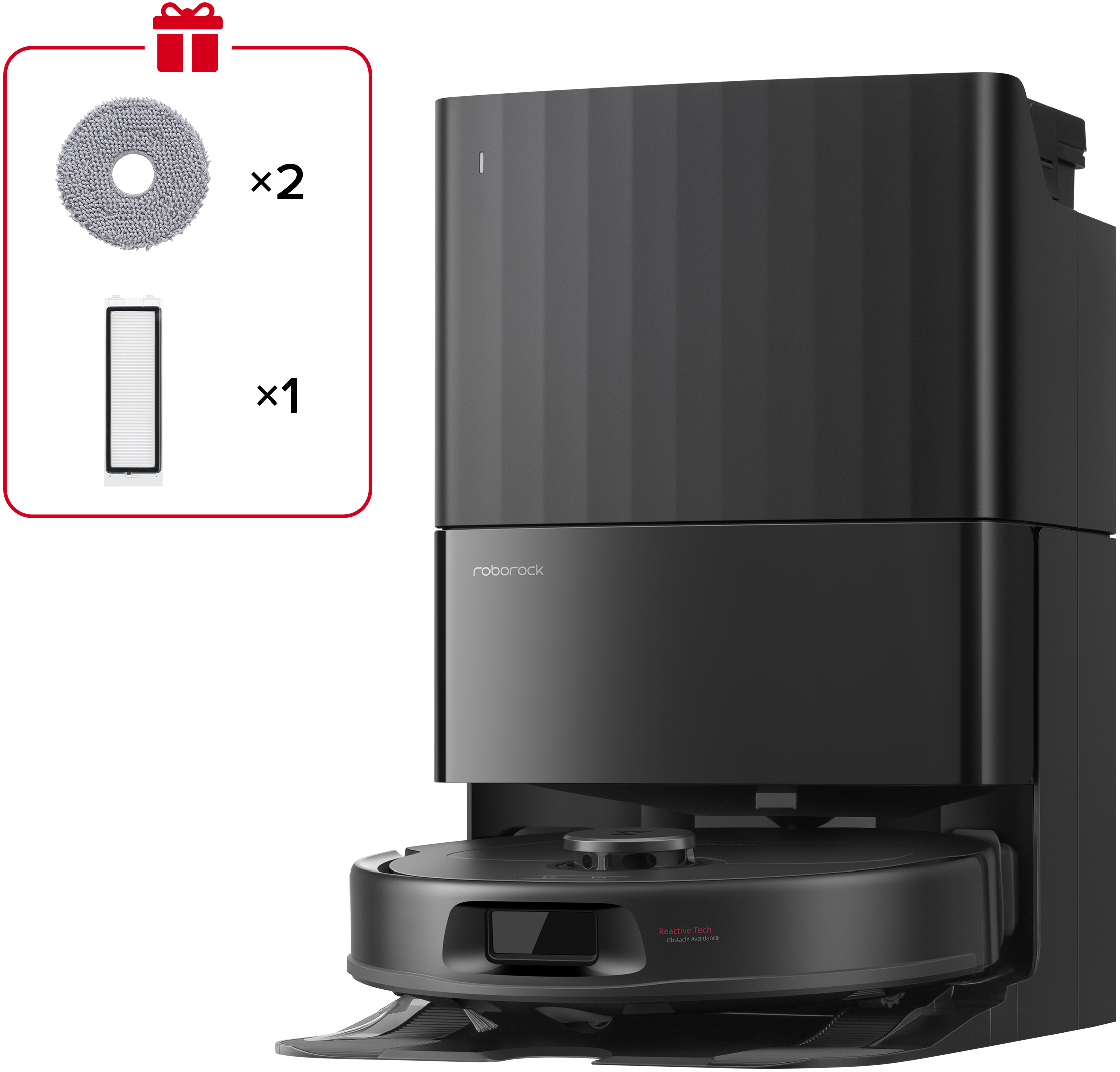 Aspirapolvere robot nero con base di ricarica e accessori: 2 panni mop, 1 filtro.
