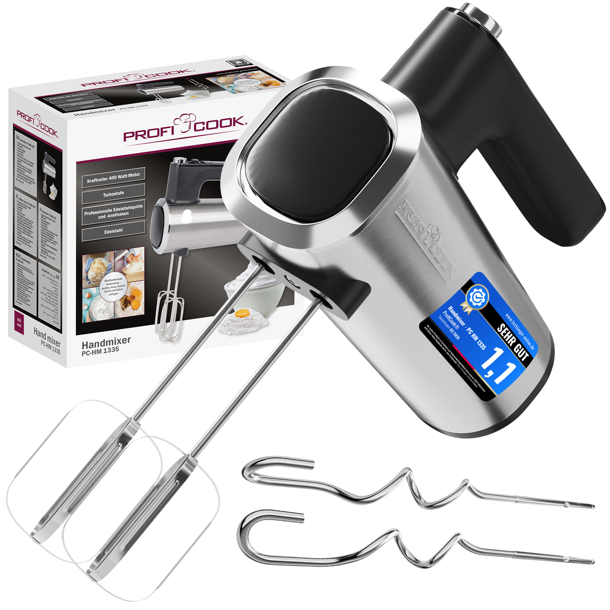 Edelstahl-Handmixer mit schwarzem Griff, Rührbesen und Knethaken. Verpackung daneben.