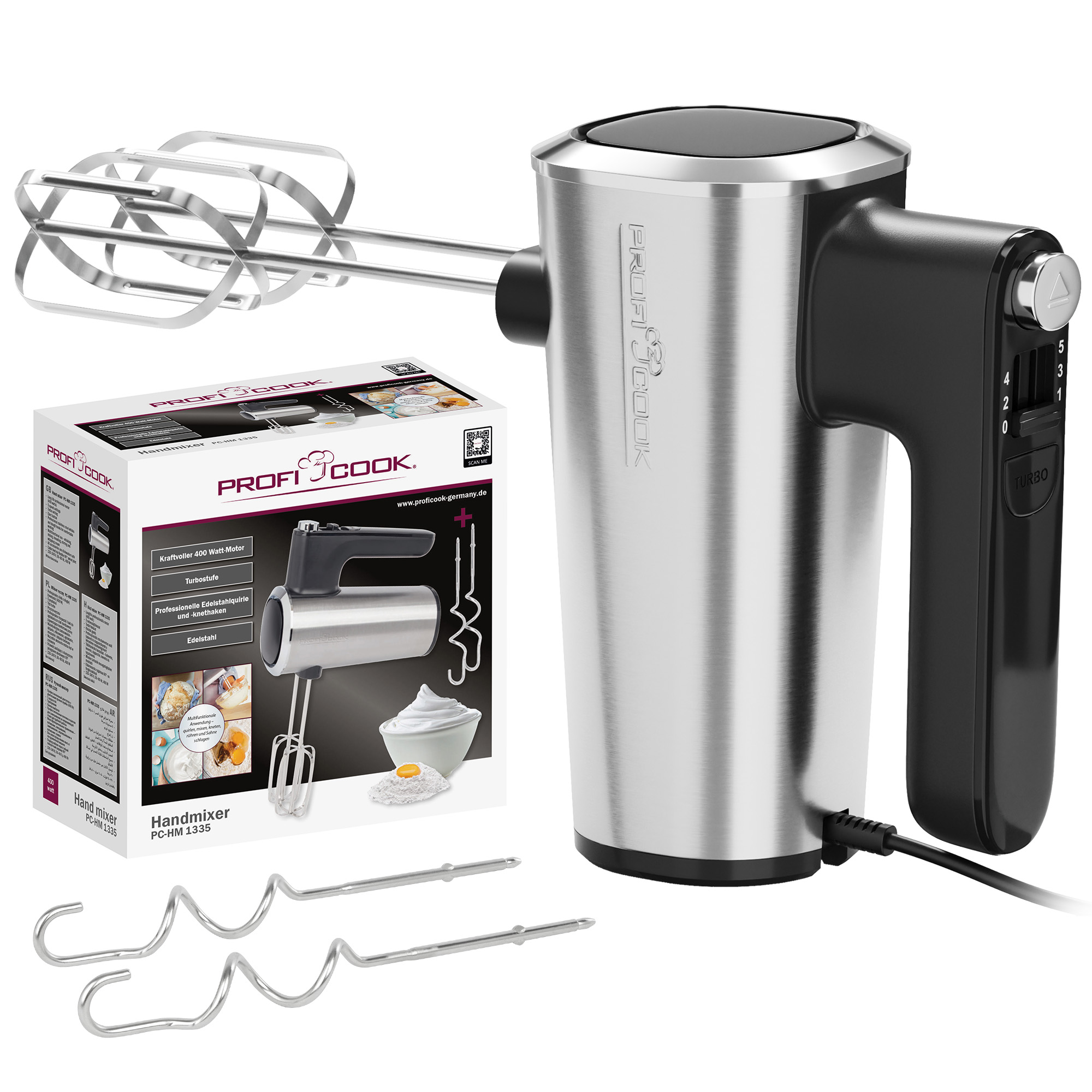 Edelstahl-Handmixer mit schwarzem Griff, Zubehör und Verpackung.