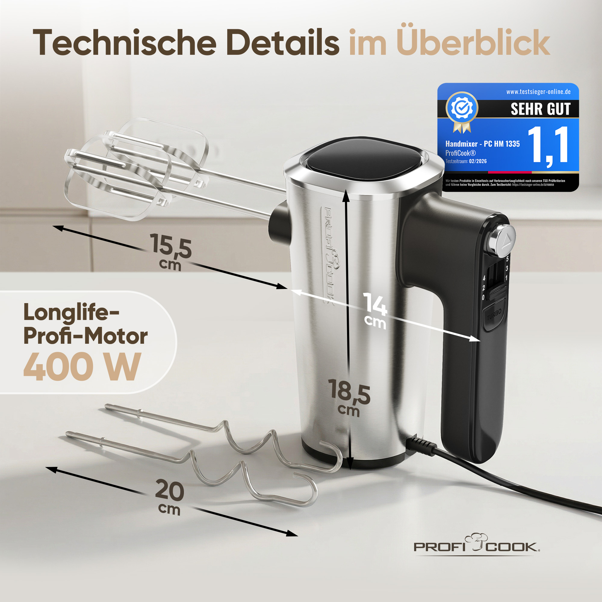 Edelstahl-Handmixer mit 400W Motor, Maßen und Zubehör. Mit Siegel.