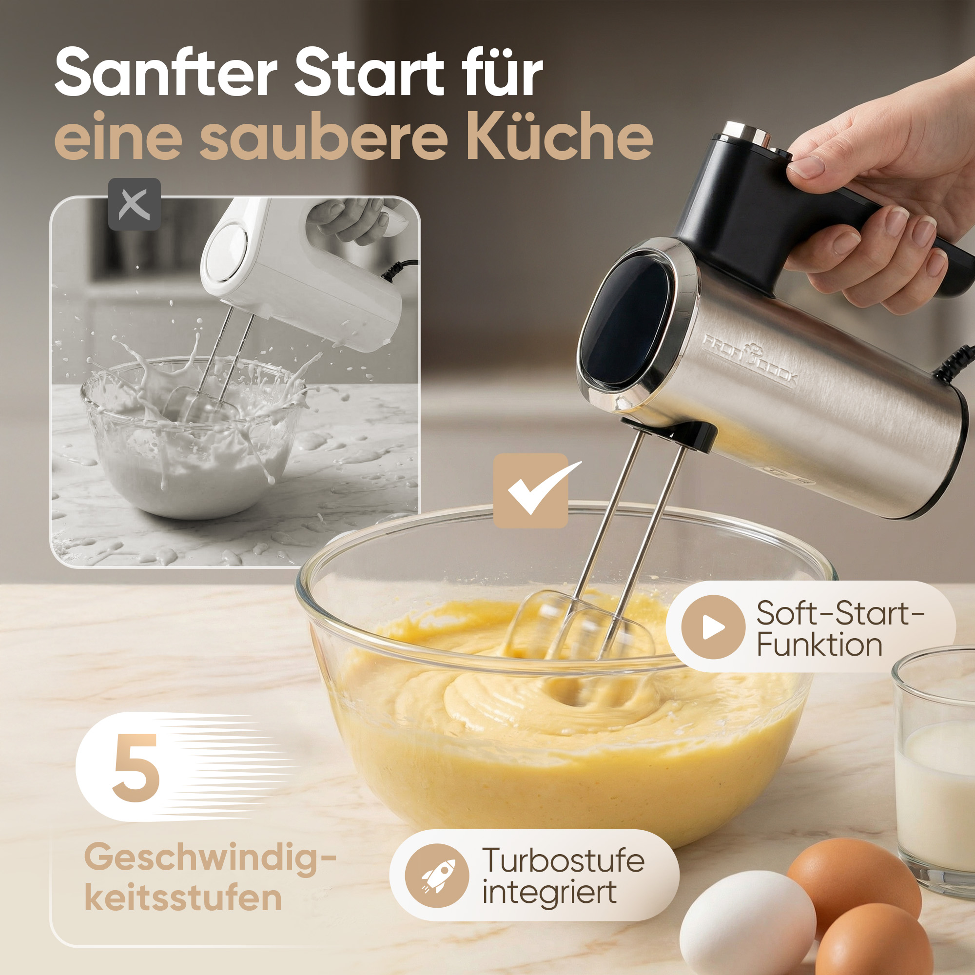 Ein Handmixer mixt Teig in einer Schüssel. Es gibt 5 Geschwindigkeitsstufen.