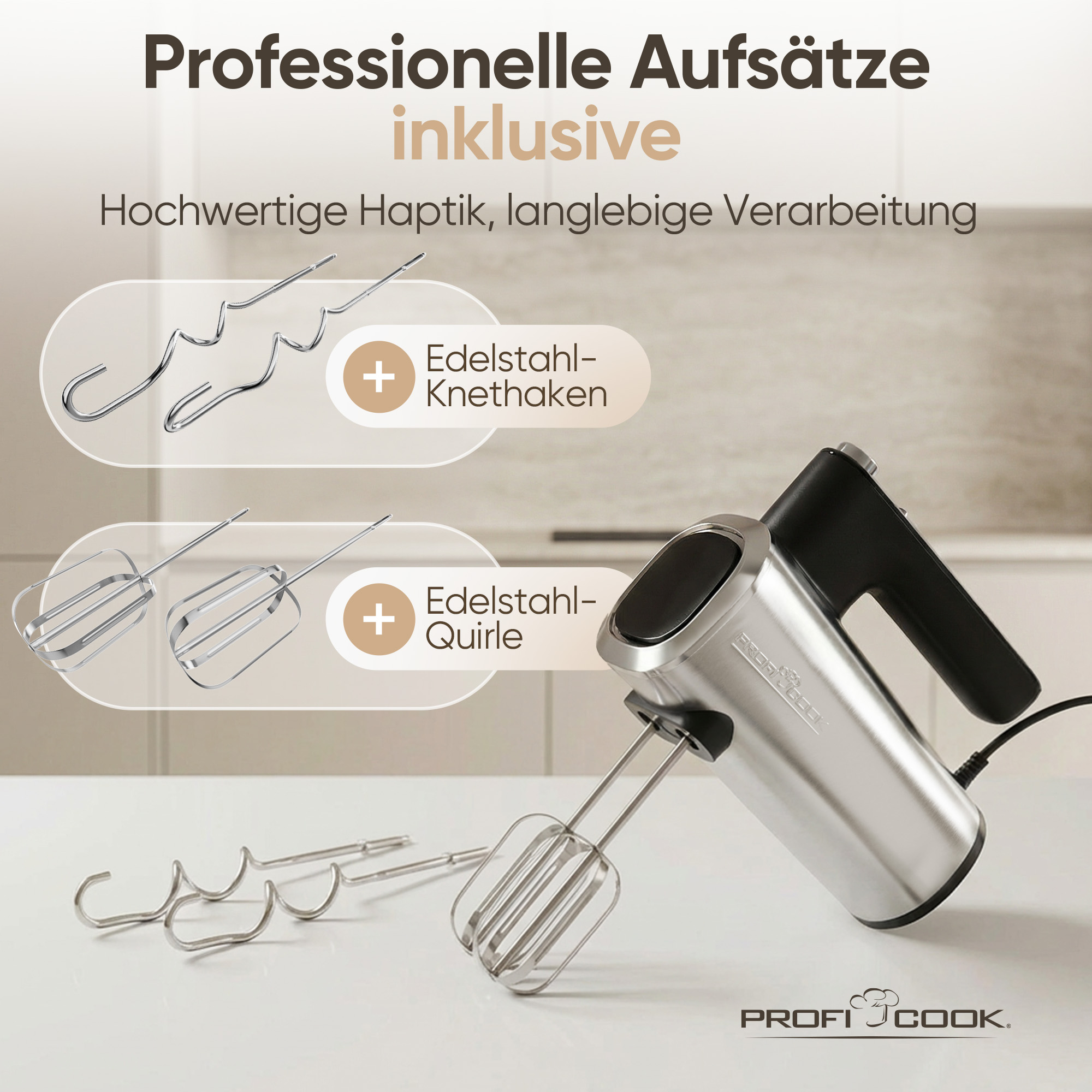 Edelstahl-Handmixer mit Knethaken und Quirlen, Profigriffs.