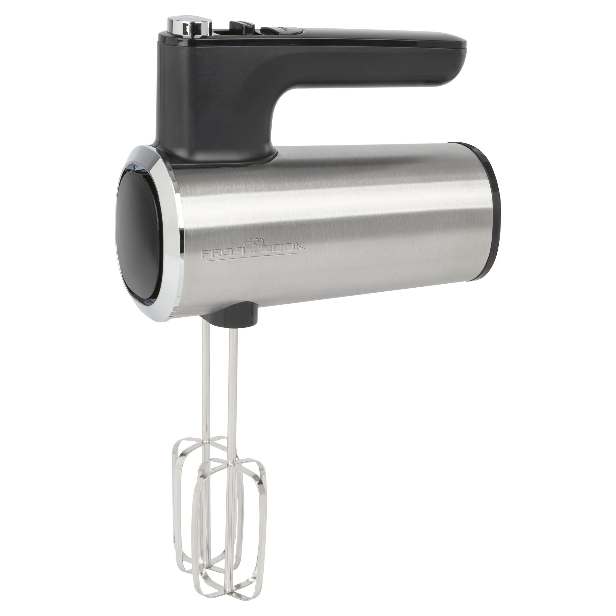 Ein silberner Handmixer mit schwarzem Griff und Knöpfen, mit zwei Rührbesen.