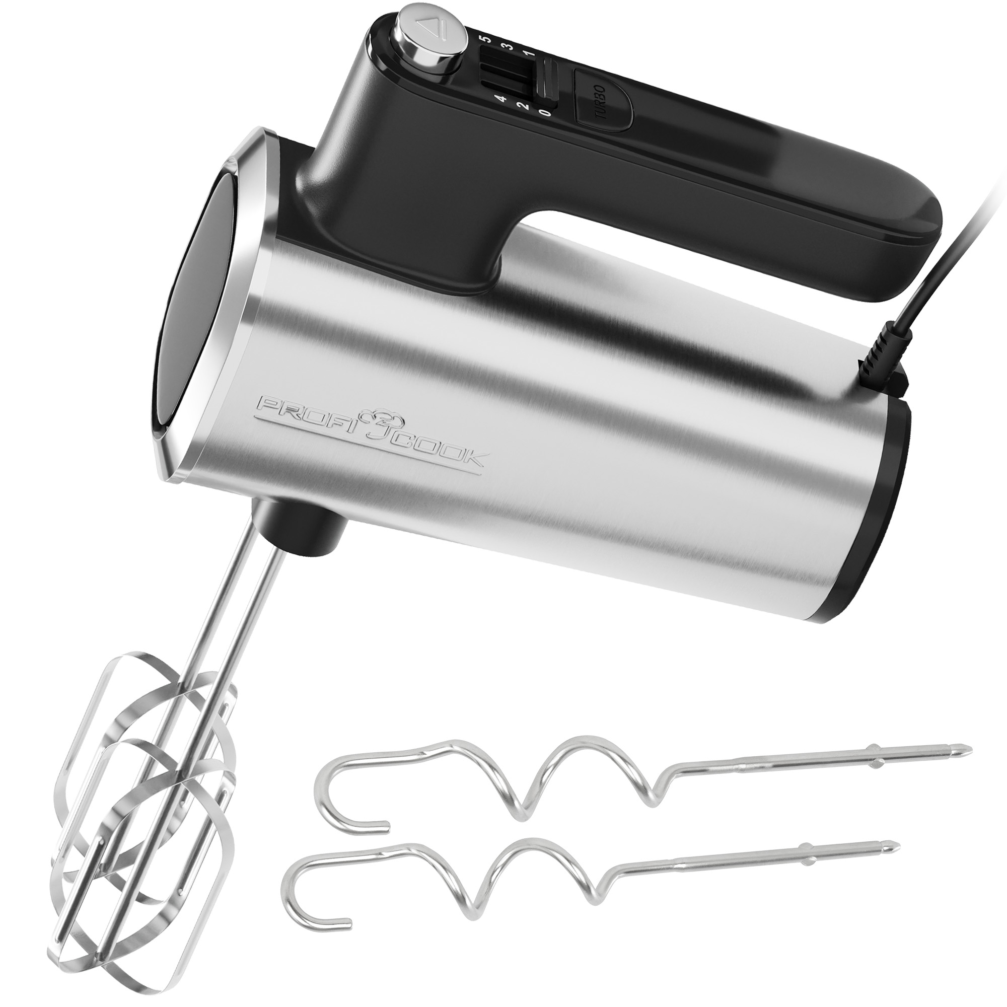 Ein silberner Handmixer mit schwarzem Griff, inklusive zweier Quirls und zweier Knethaken.