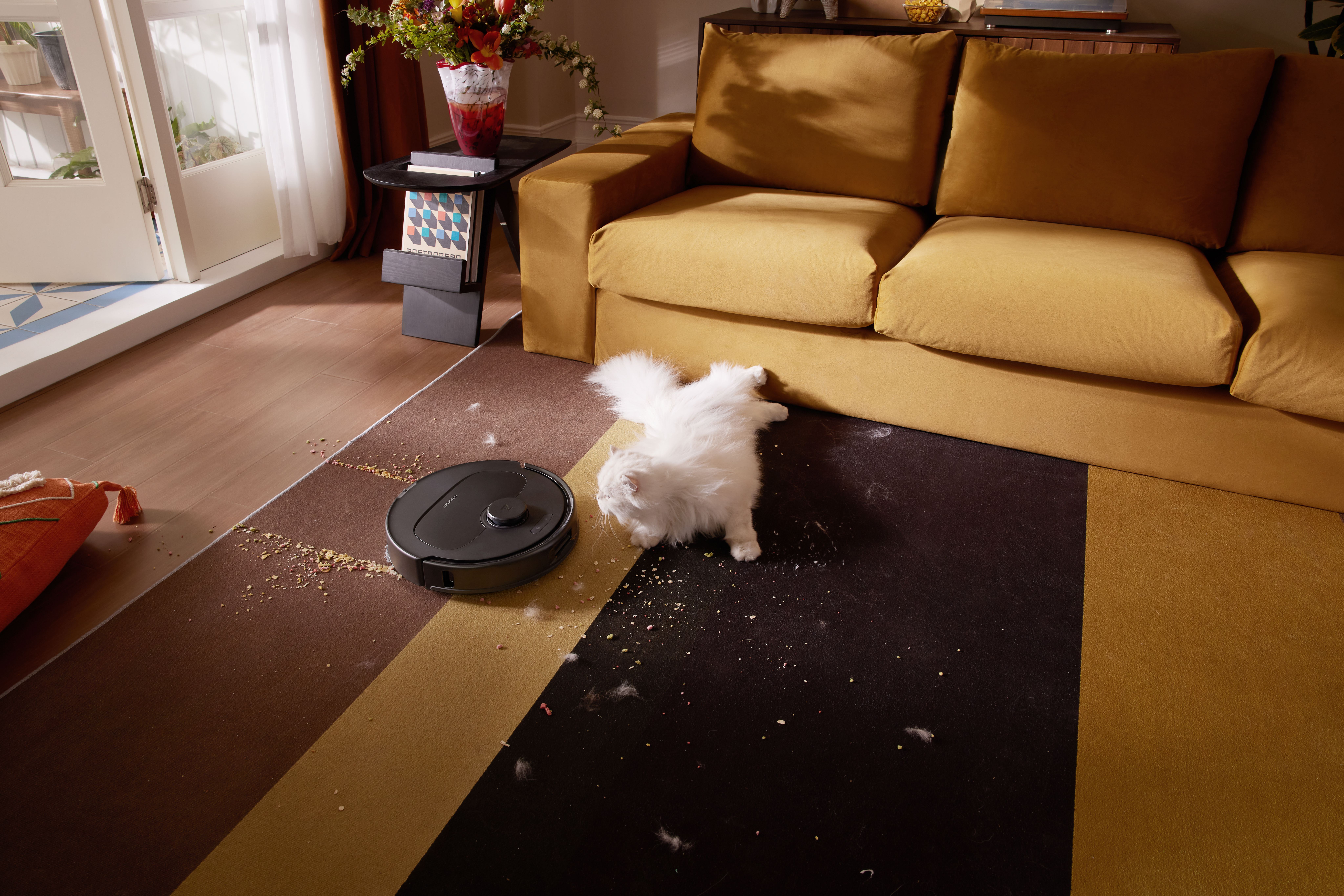 Un robot aspirapolvere pulisce un tappeto mentre un gatto bianco giace accanto.