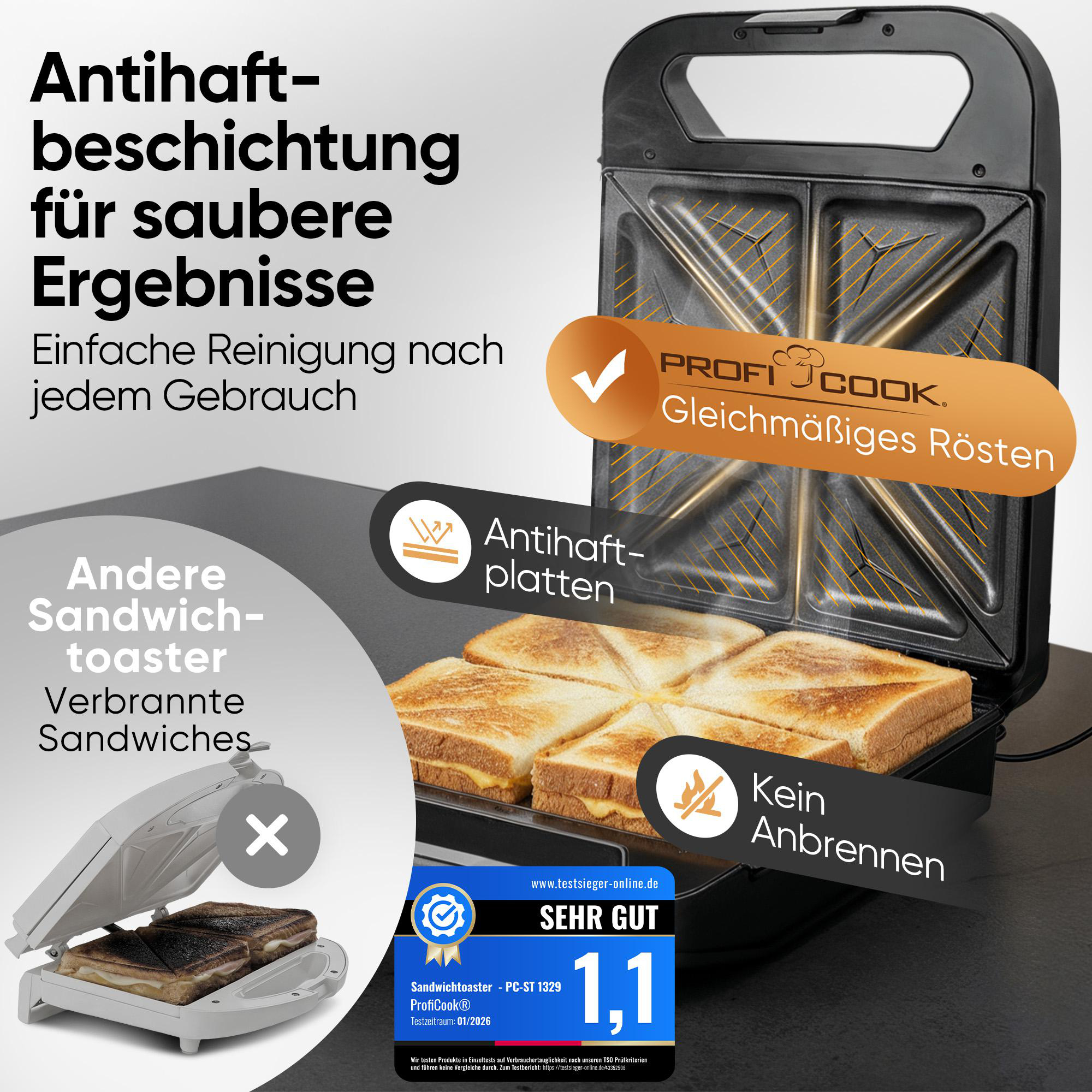 Ein offener Sandwichmaker mit gebräunten Sandwiches und ein geschlossener mit verbrannten.
