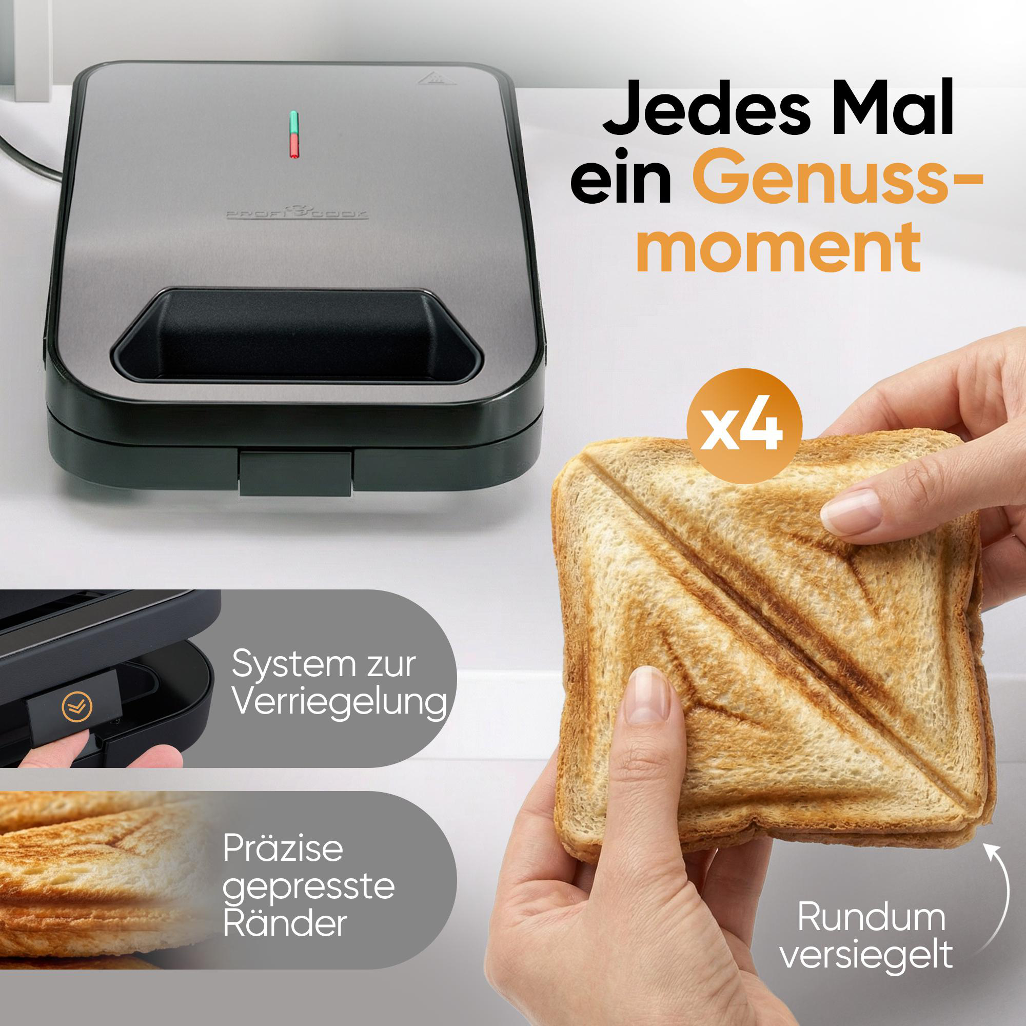 Ein Sandwichmaker mit einem fertigen Sandwich, das gehalten wird. Texte auf Deutsch.