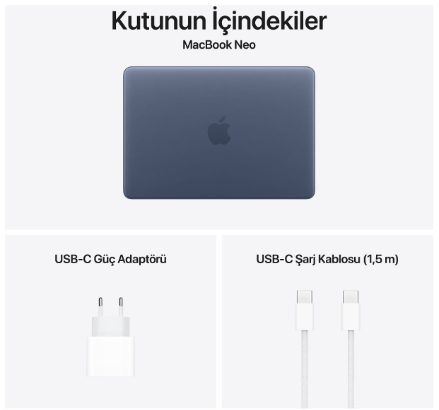 Apple logolu mavi MacBook Neo, güç adaptörü ve USB-C kablosu.