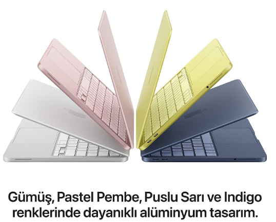 Gümüş, pastel pembe, puslu sarı ve indigo renklerinde dört dizüstü bilgisayar.