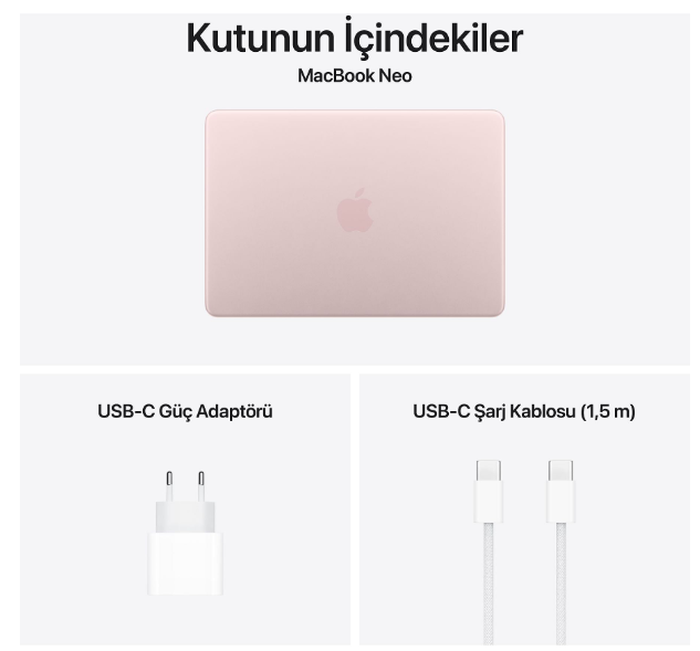 Pembe MacBook Neo, güç adaptörü ve USB-C kablosu ile.