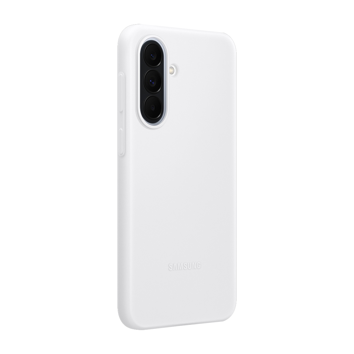 Üç kameralı beyaz Samsung telefon kılıfı ve Samsung logosu.