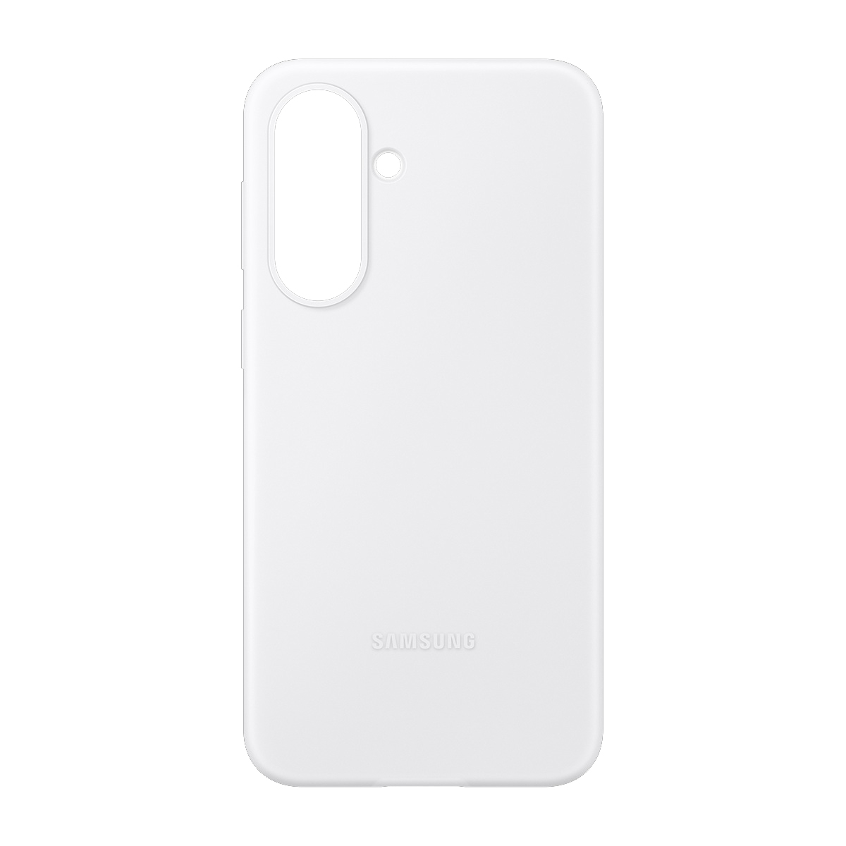 Kamera ve düğmeler için kesimli beyaz telefon kılıfı. Altında Samsung logosu.