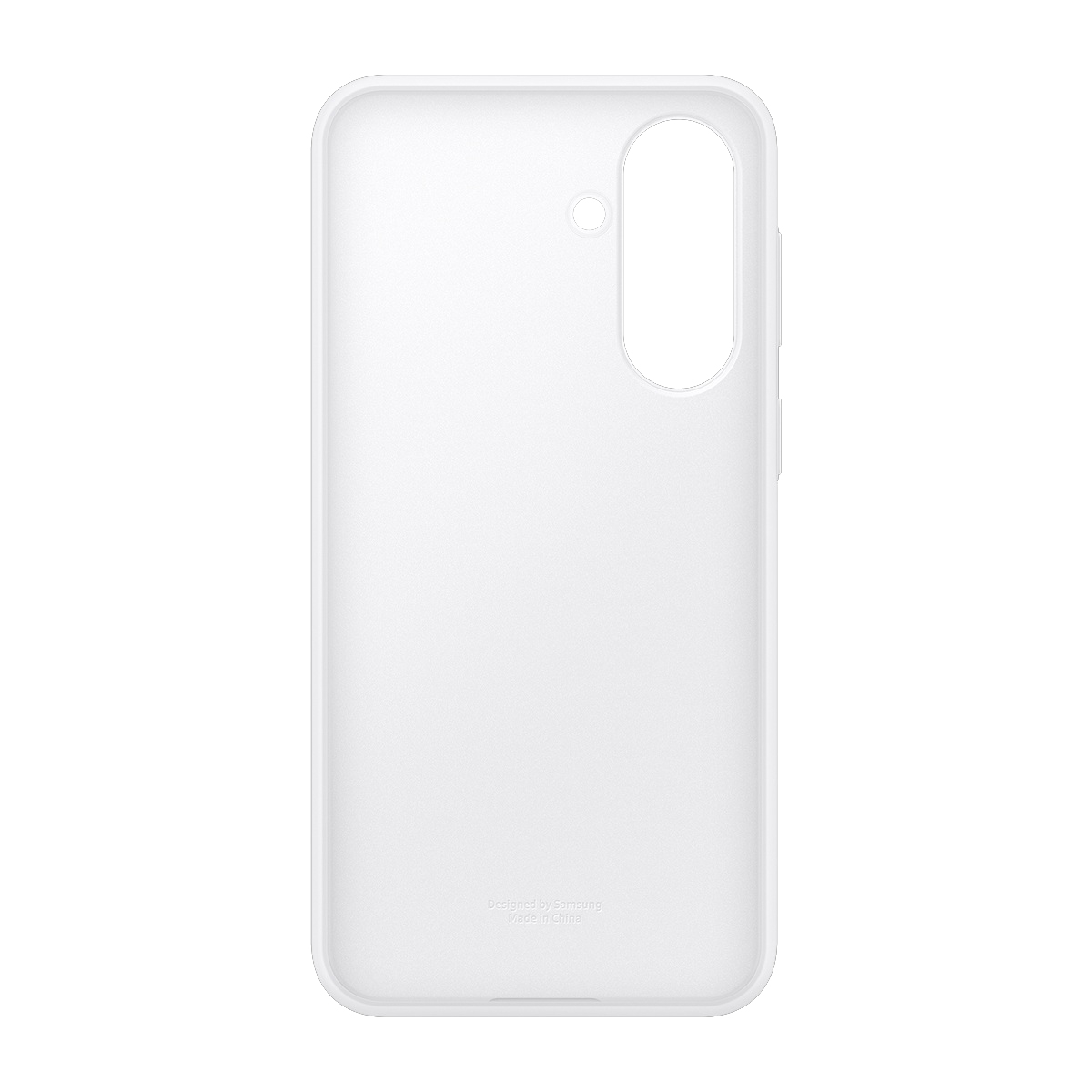 Sağ üstte kamera kesimli beyaz telefon kılıfı ve yan düğmeler.