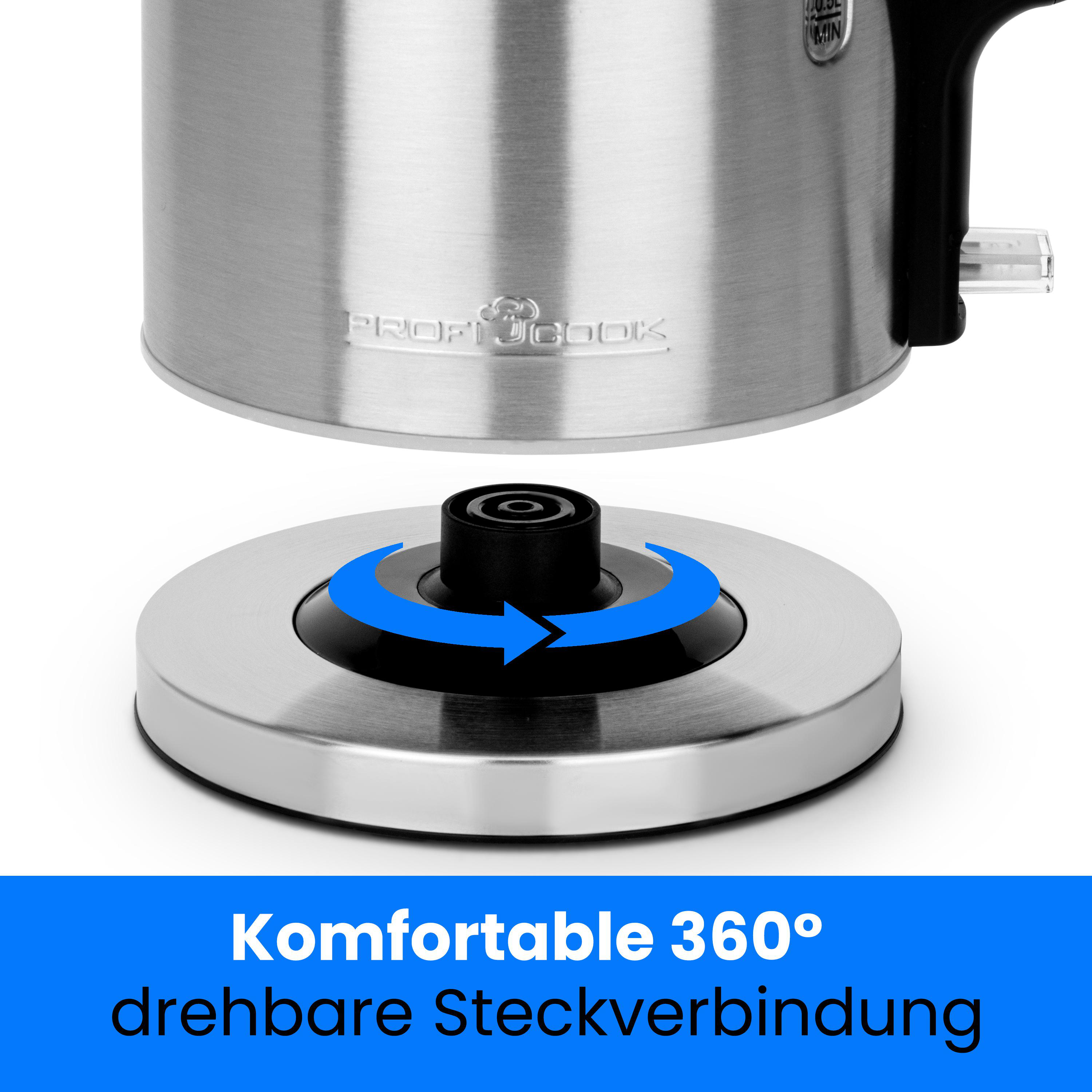 Edelstahl-Wasserkocher mit 360° drehbarer Steckverbindung.
