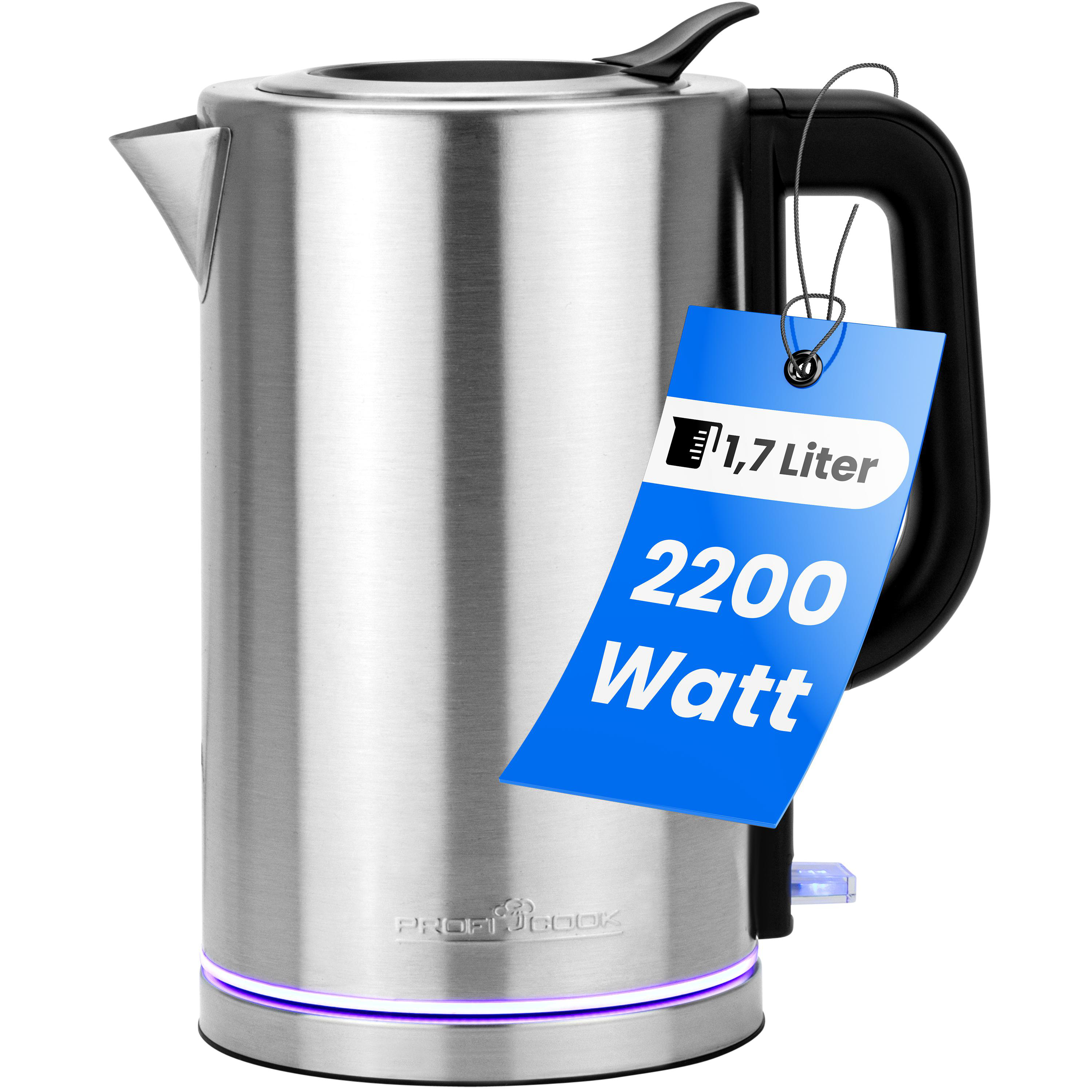 Edelstahl-Wasserkocher mit 1,7L Kapazität und 2200W Leistung.