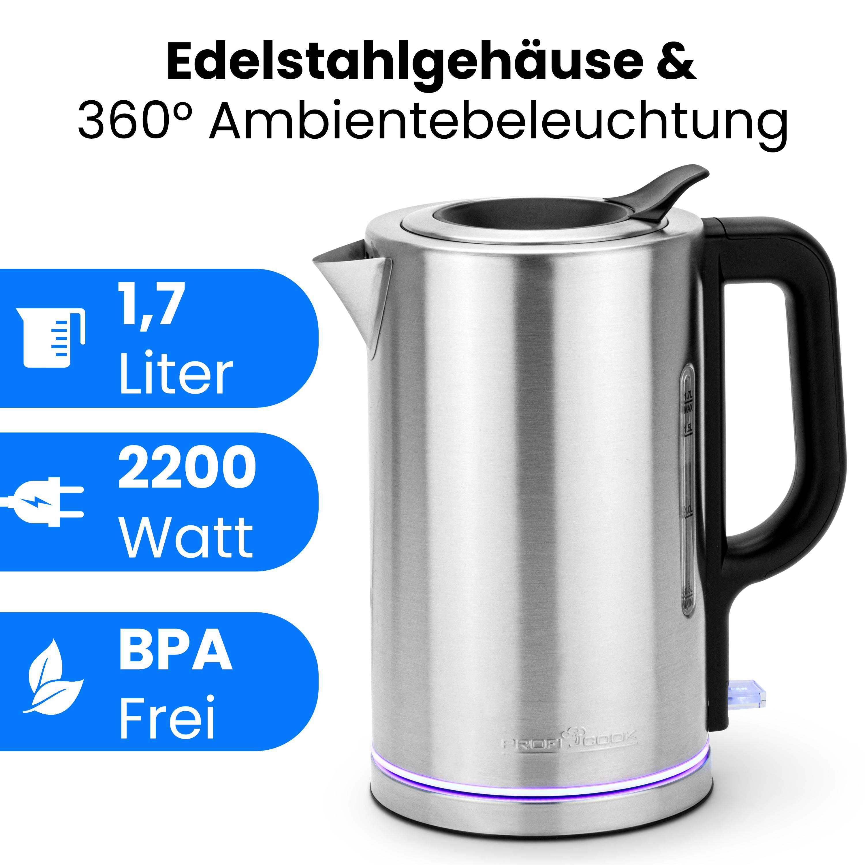Edelstahl-Wasserkocher mit 1,7 L Kapazität, 2200 Watt, BPA-frei.