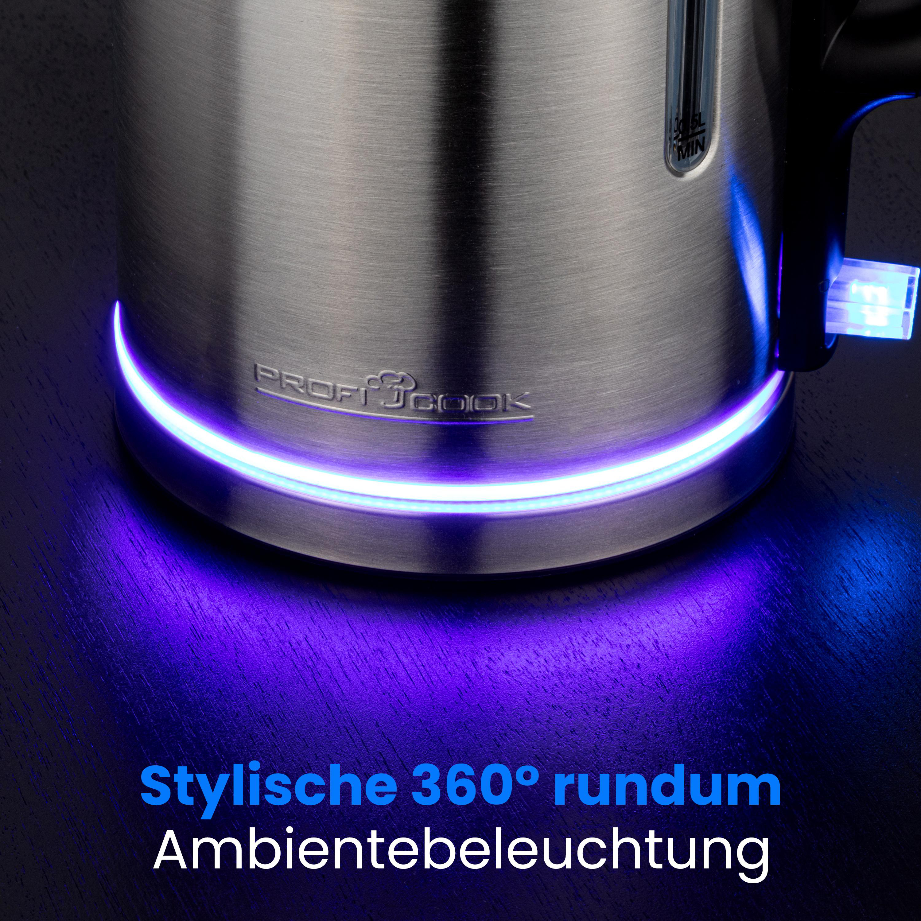 Edelstahl-Wasserkocher mit blauer Ambientebeleuchtung und "Proficook"-Logo.
